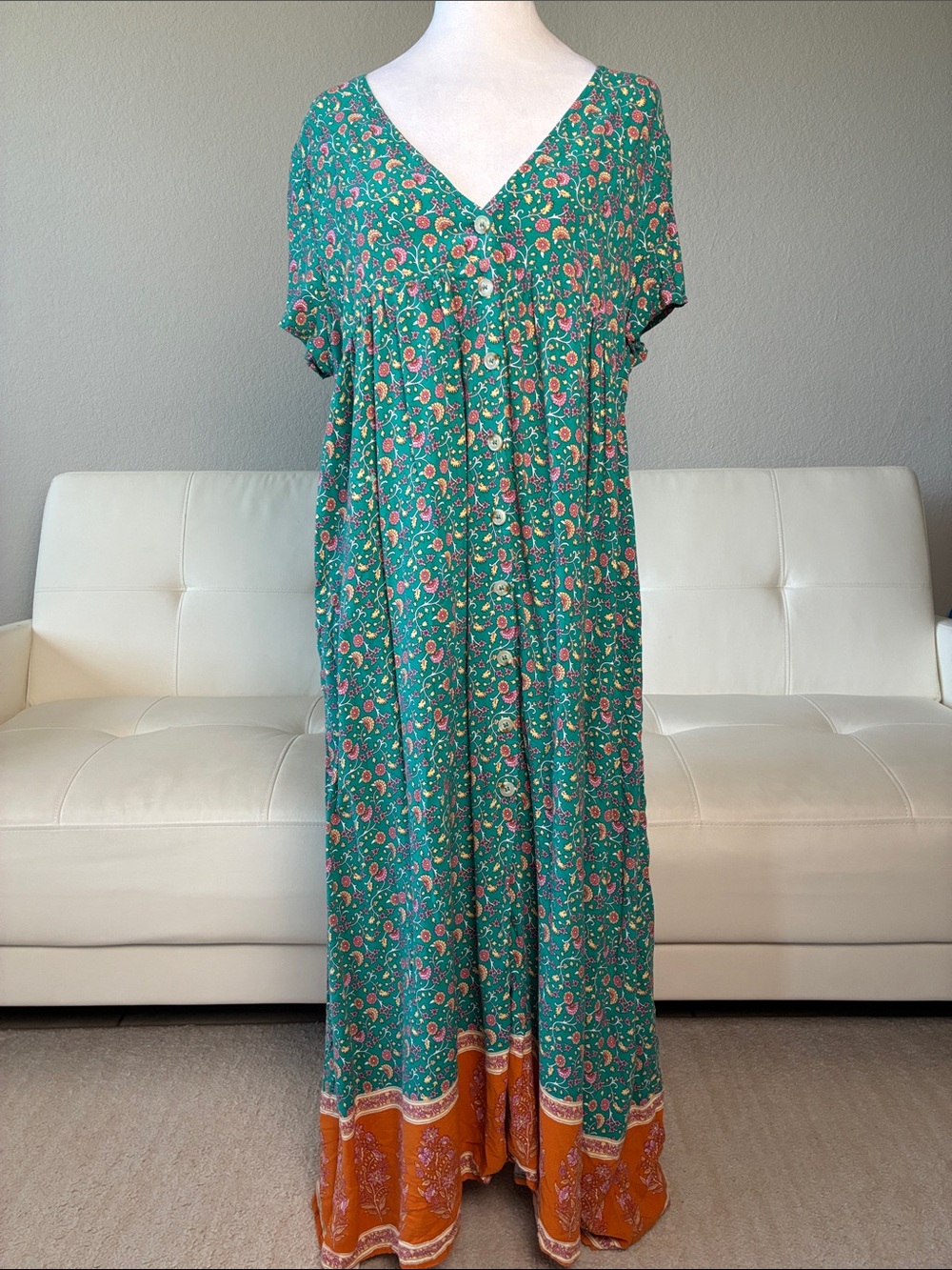 Natural Life Green Floral Maxi Dress with Orange Hem and V-Neck - Button Down